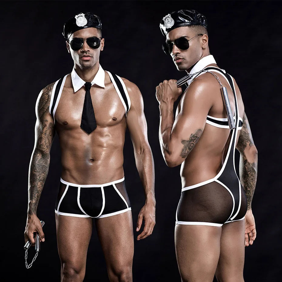 Alluring Men Police Uniform Lingerie Set Cosplay Bodysuit