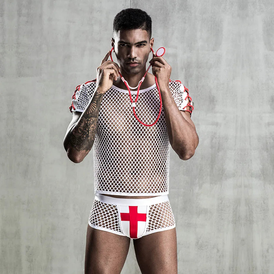 Men Alluring Doctor Uniform Mesh Lingerie Set Role Play