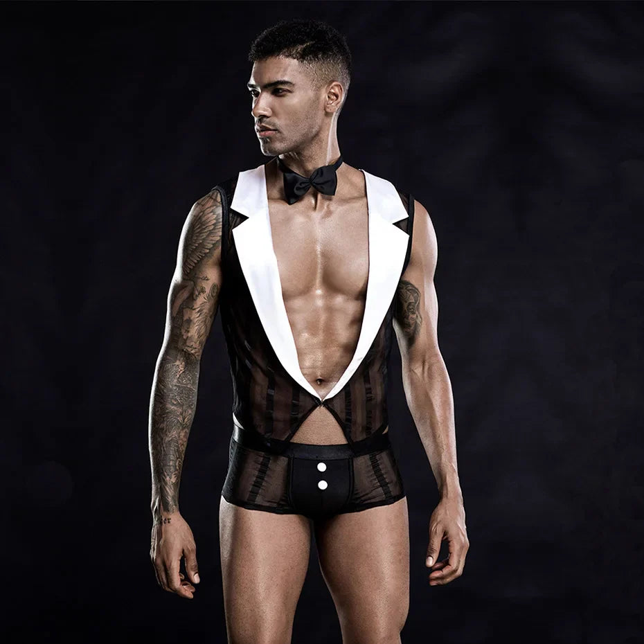 Men Alluring Waiter Bodysuit Lingerie Set Lace Erotic