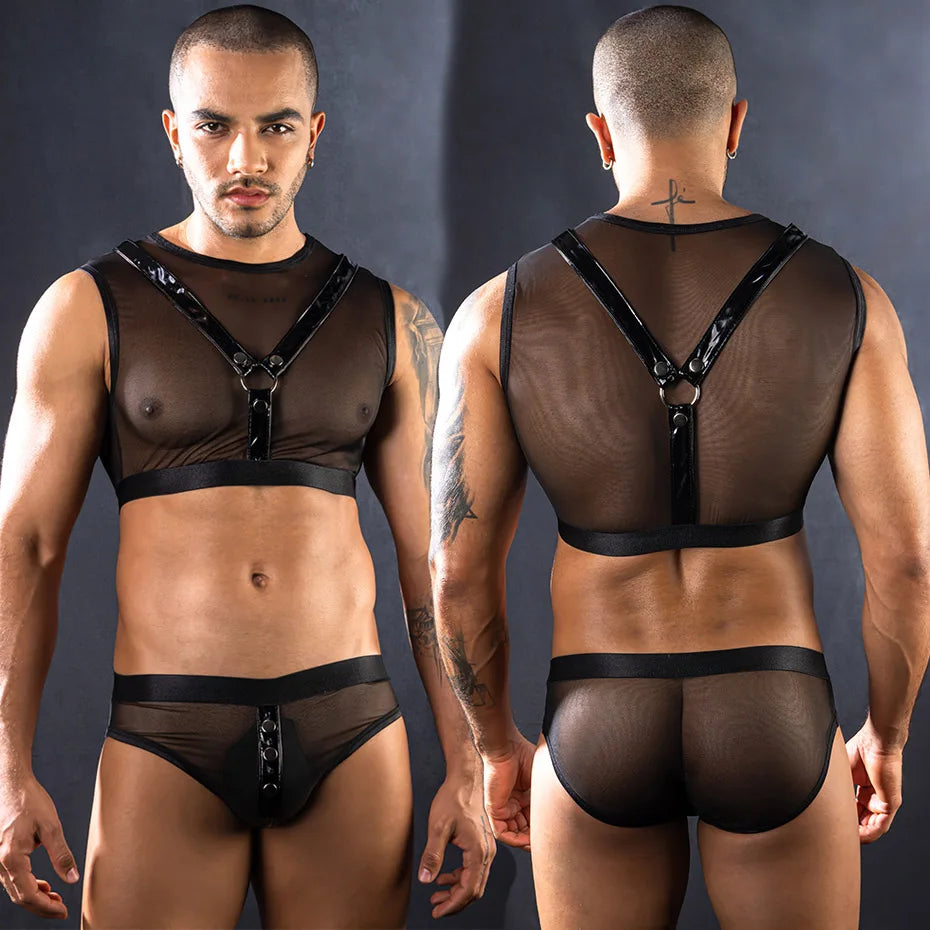 Men Leather Cosplay Lingerie Set Top & Pants
