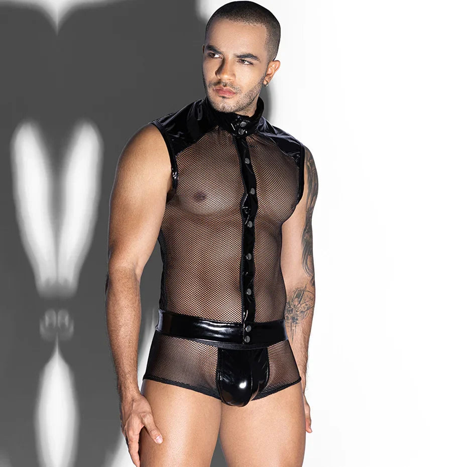 Men Leather Top & Pant Set 2 Piece Alluring Lingerie