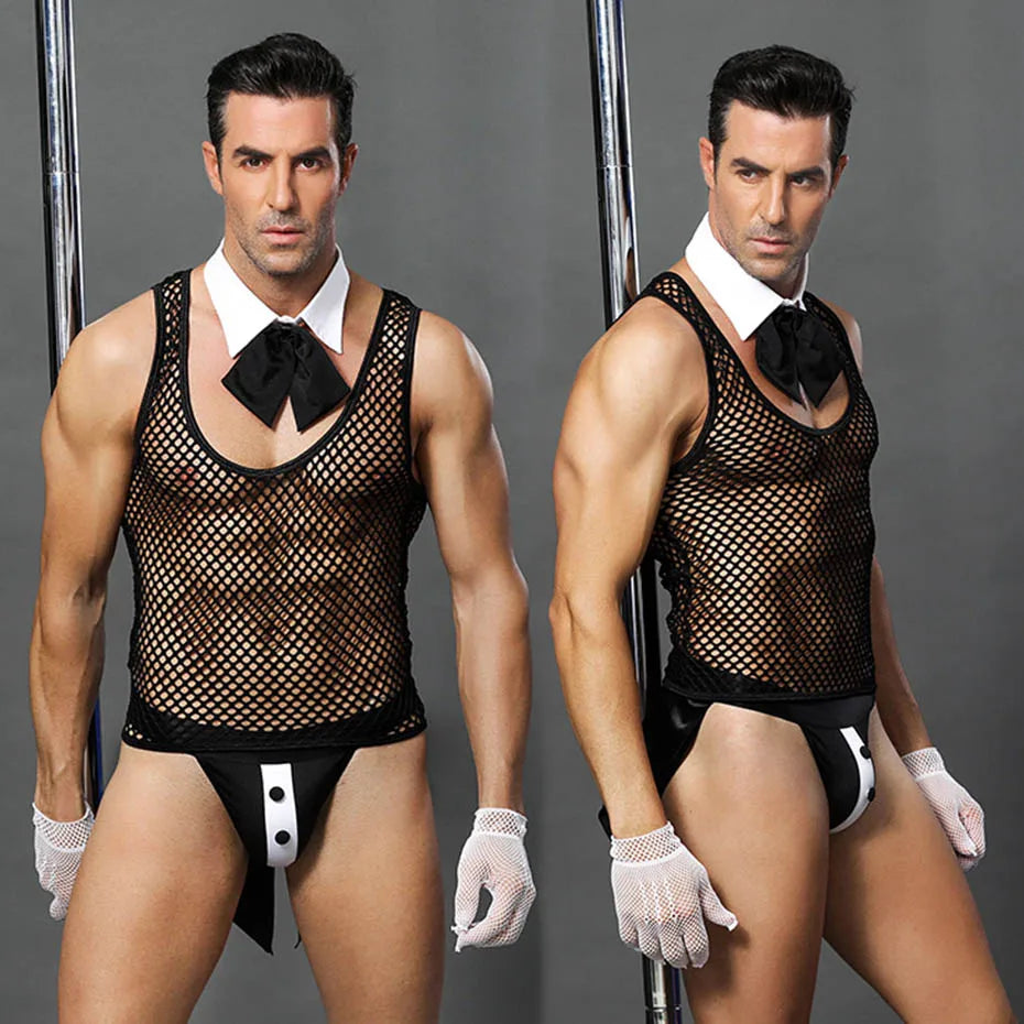 Alluring Waiter Uniform Cosplay Lingerie Set Black Mesh Men