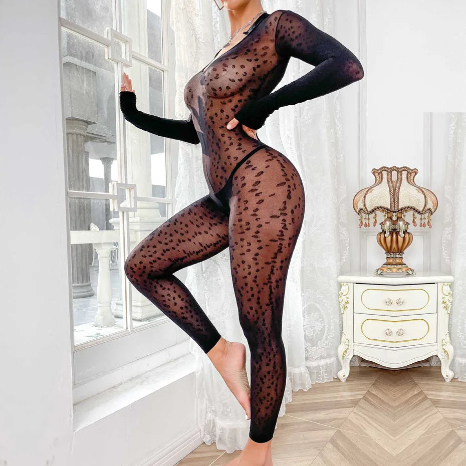 Alluring Black Leopard Bodysuit Open Crotch Teddy Lingerie