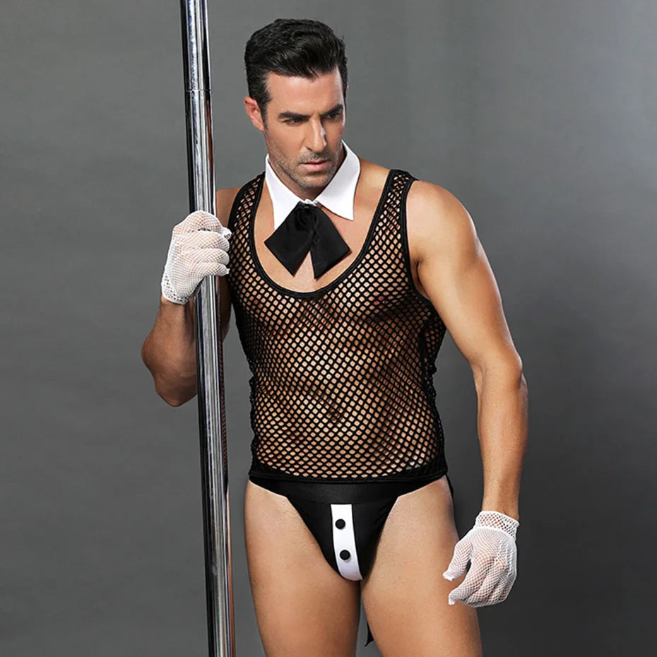 Alluring Waiter Uniform Cosplay Lingerie Set Black Mesh Men