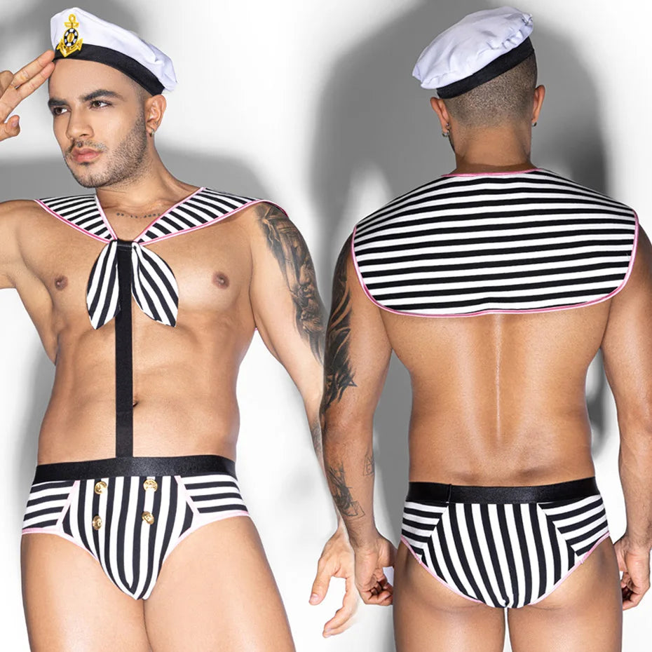 Striped Sailor Cosplay Bodysuit Men Alluring Lingerie