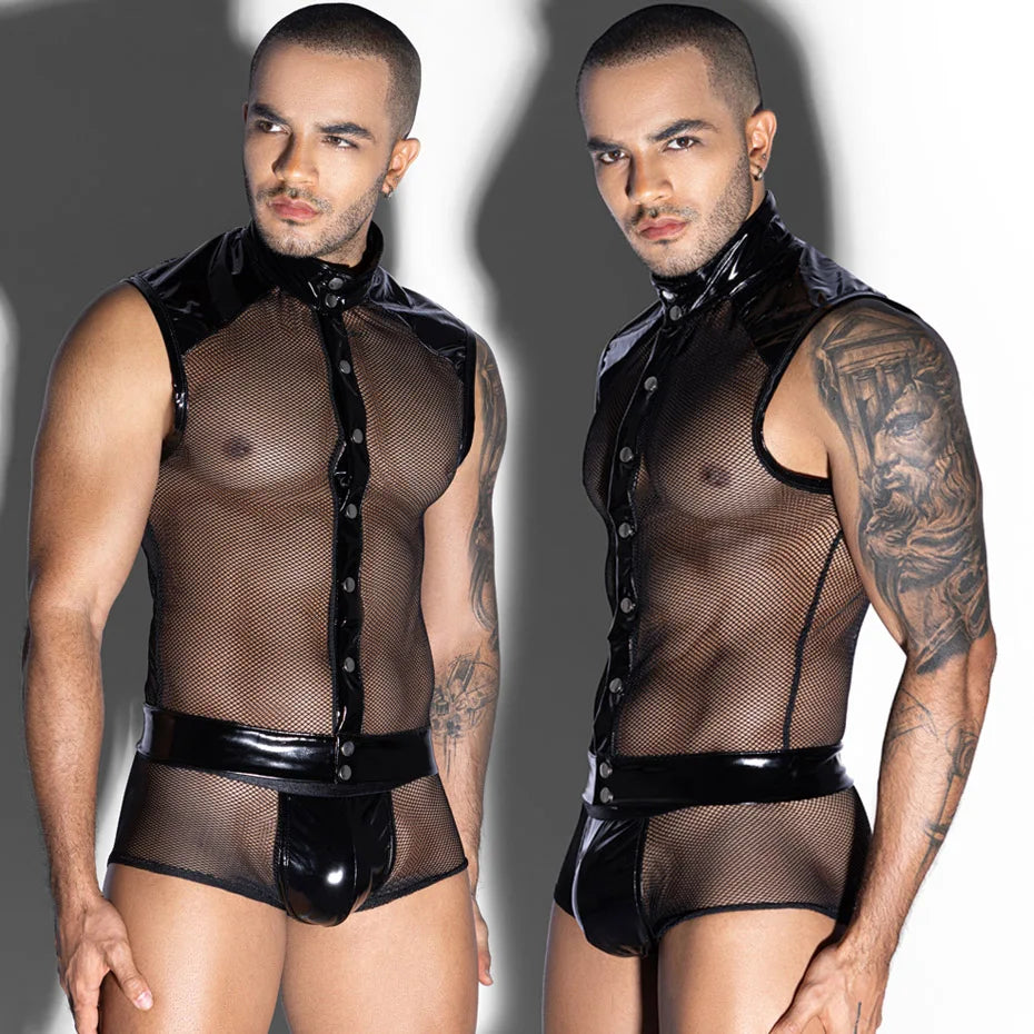 Men Leather Top & Pant Set 2 Piece Alluring Lingerie