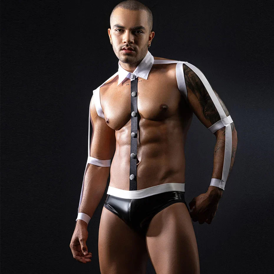 Alluring Waiter Cosplay Lingerie Men Halter Bodysuit