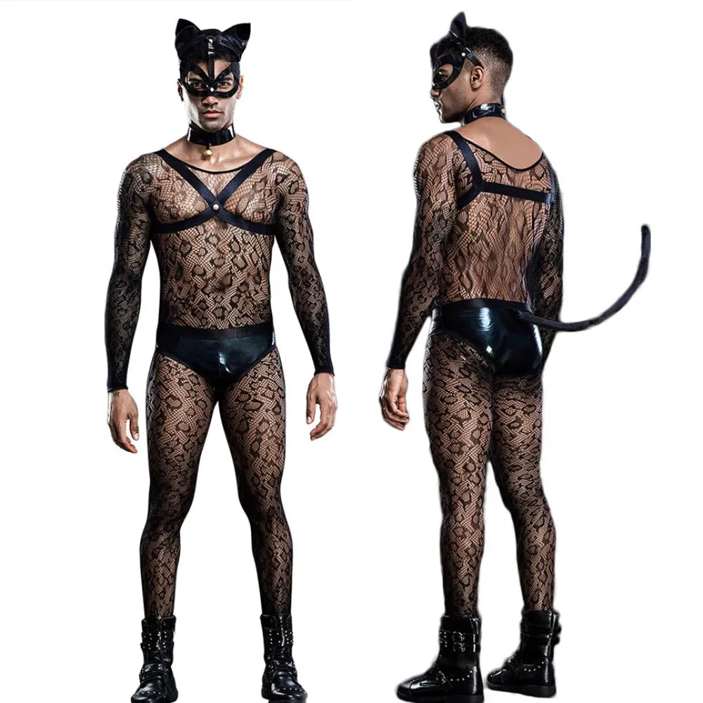 Men Fishnet Bodysuit & Lingerie Set Alluring Cat Cosplay