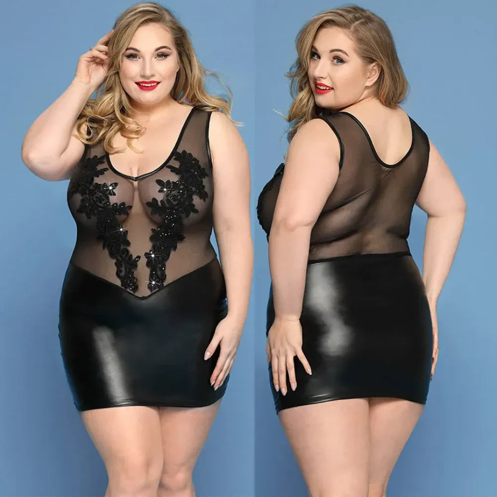 Plus Size Faux Leather Lingerie Dress Embroidered Sleepwear
